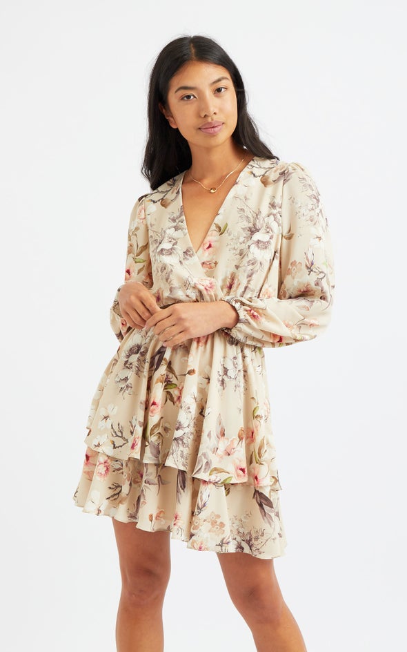 CDC Shirred Waist LS Dress Beige/floral