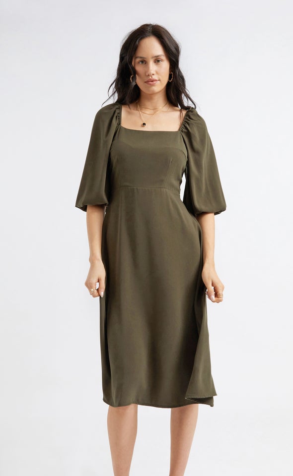 CDC Square Neck Midi Dress Khaki