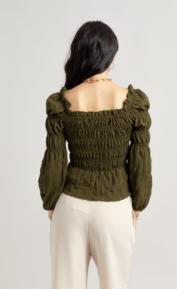 CDC Square Neck Shirred LS Top Khaki