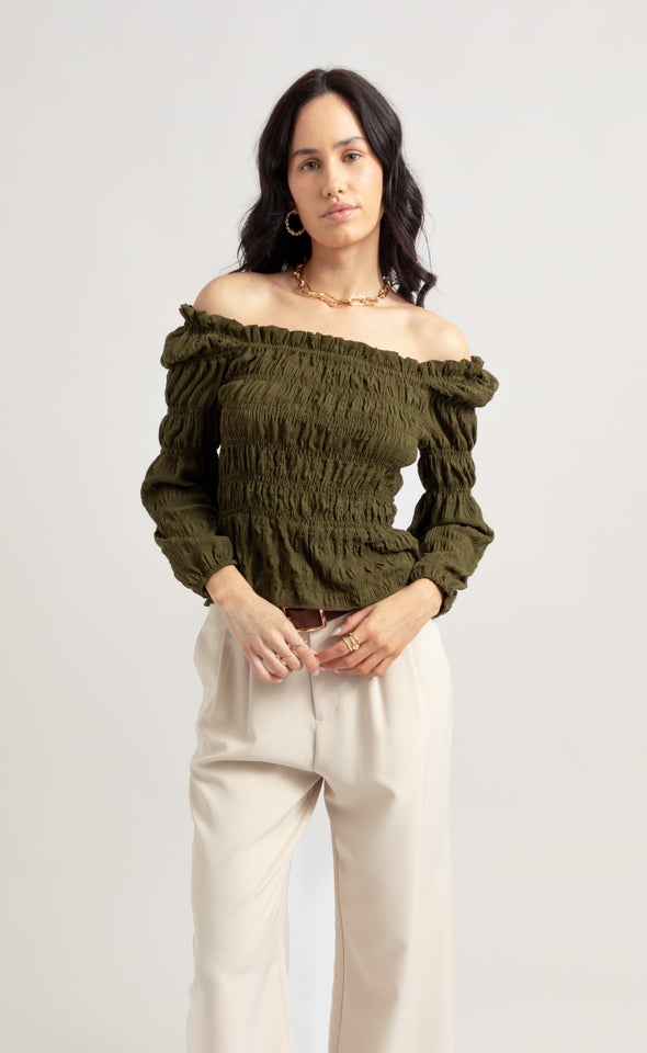CDC Square Neck Shirred LS Top Khaki