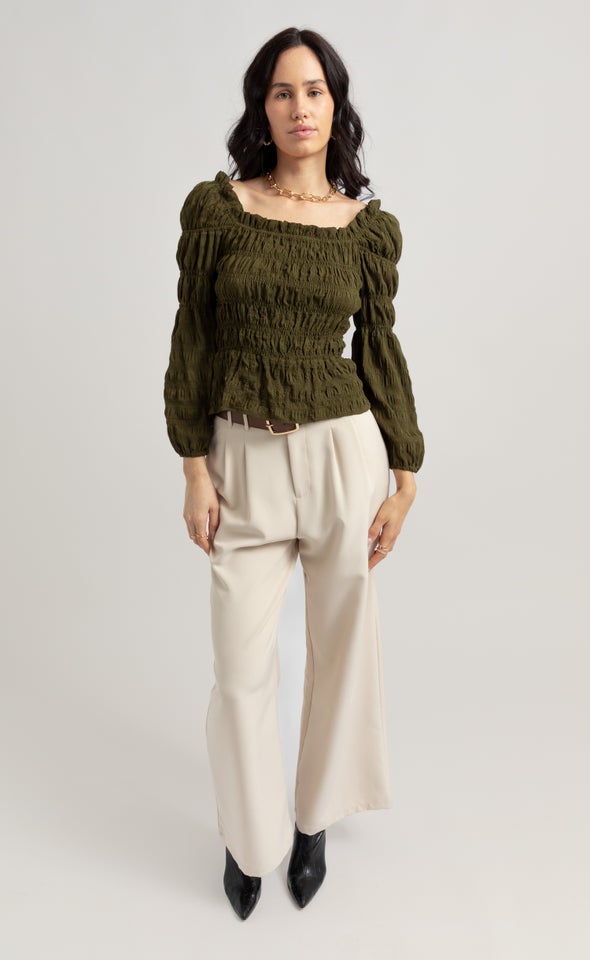CDC Square Neck Shirred LS Top Khaki
