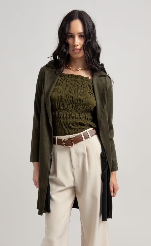 CDC Square Neck Shirred LS Top Khaki