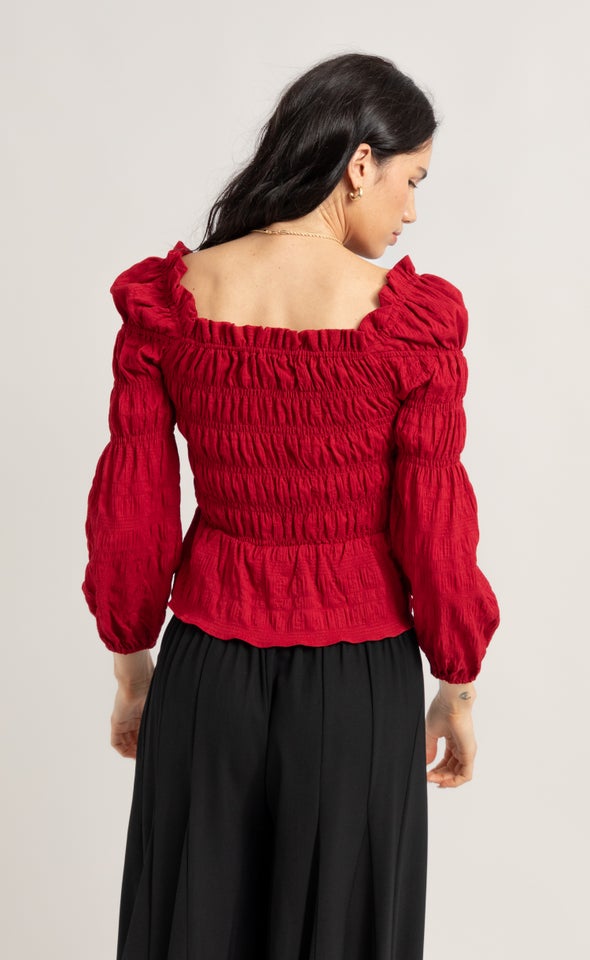 CDC Square Neck Shirred LS Top Red Wine