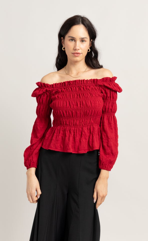 CDC Square Neck Shirred LS Top Red Wine