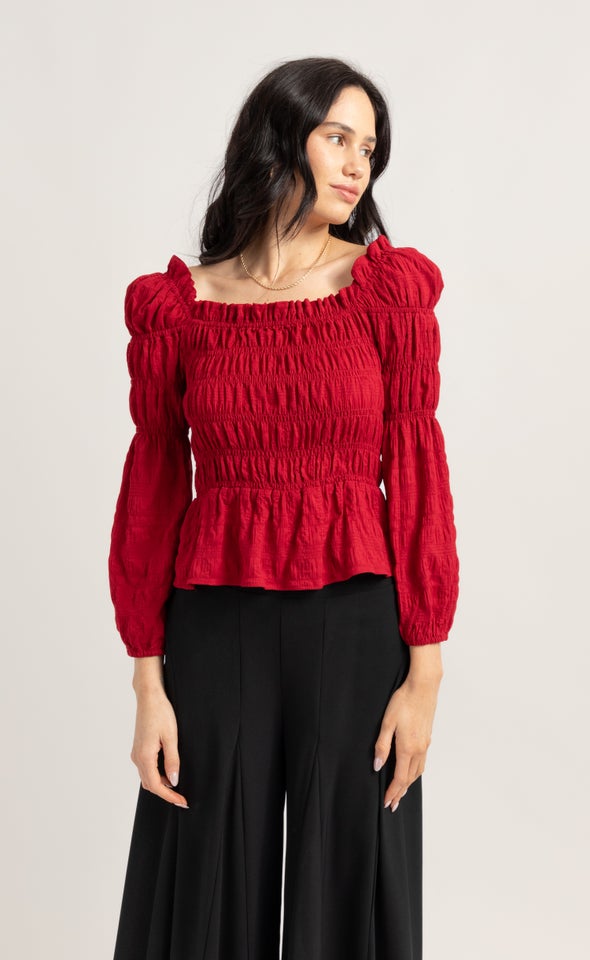 CDC Square Neck Shirred LS Top Red Wine