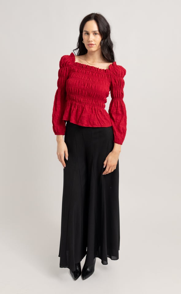 CDC Square Neck Shirred LS Top Red Wine