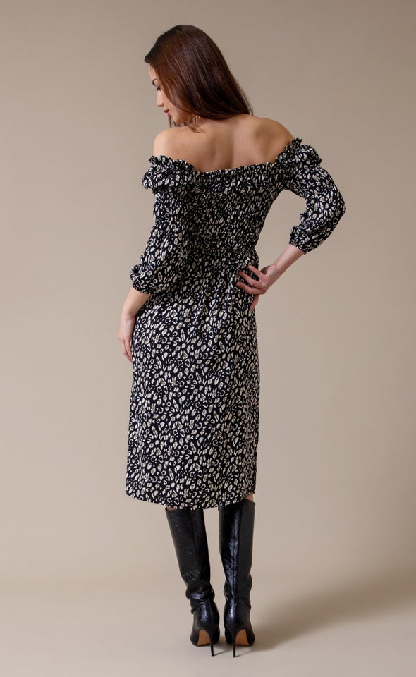CDC Square Neck Shirred Midi Dress Leopard Print