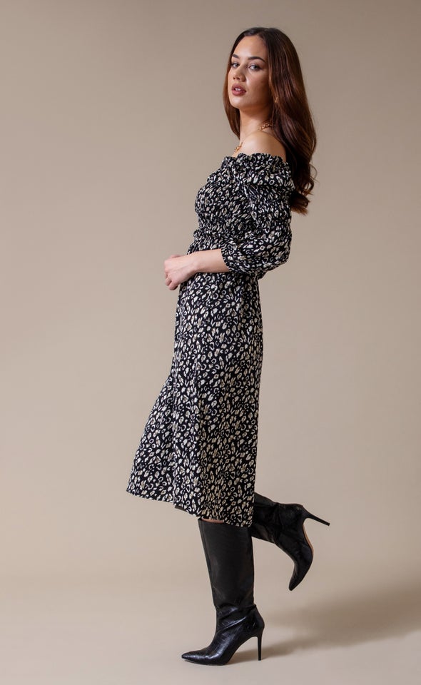CDC Square Neck Shirred Midi Dress Leopard Print