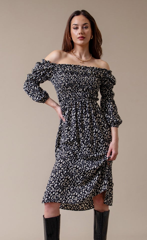 CDC Square Neck Shirred Midi Dress Leopard Print