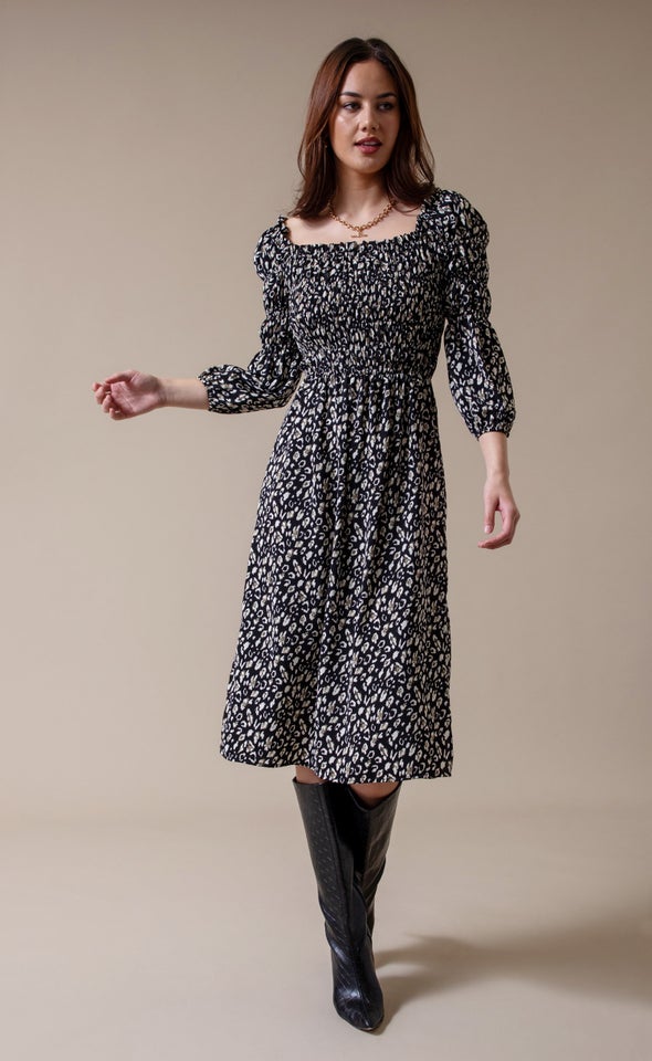 CDC Square Neck Shirred Midi Dress Leopard Print