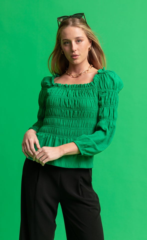 CDC Square Neck Shirred Top Green