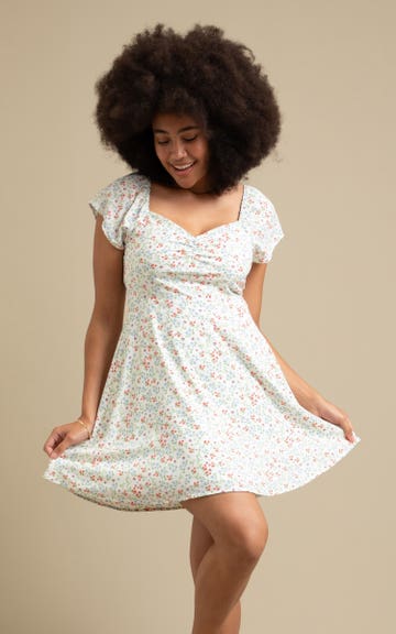 Shop our CDC Sweetheart Detail Skater Dress in Cream/blue floral | Pagani