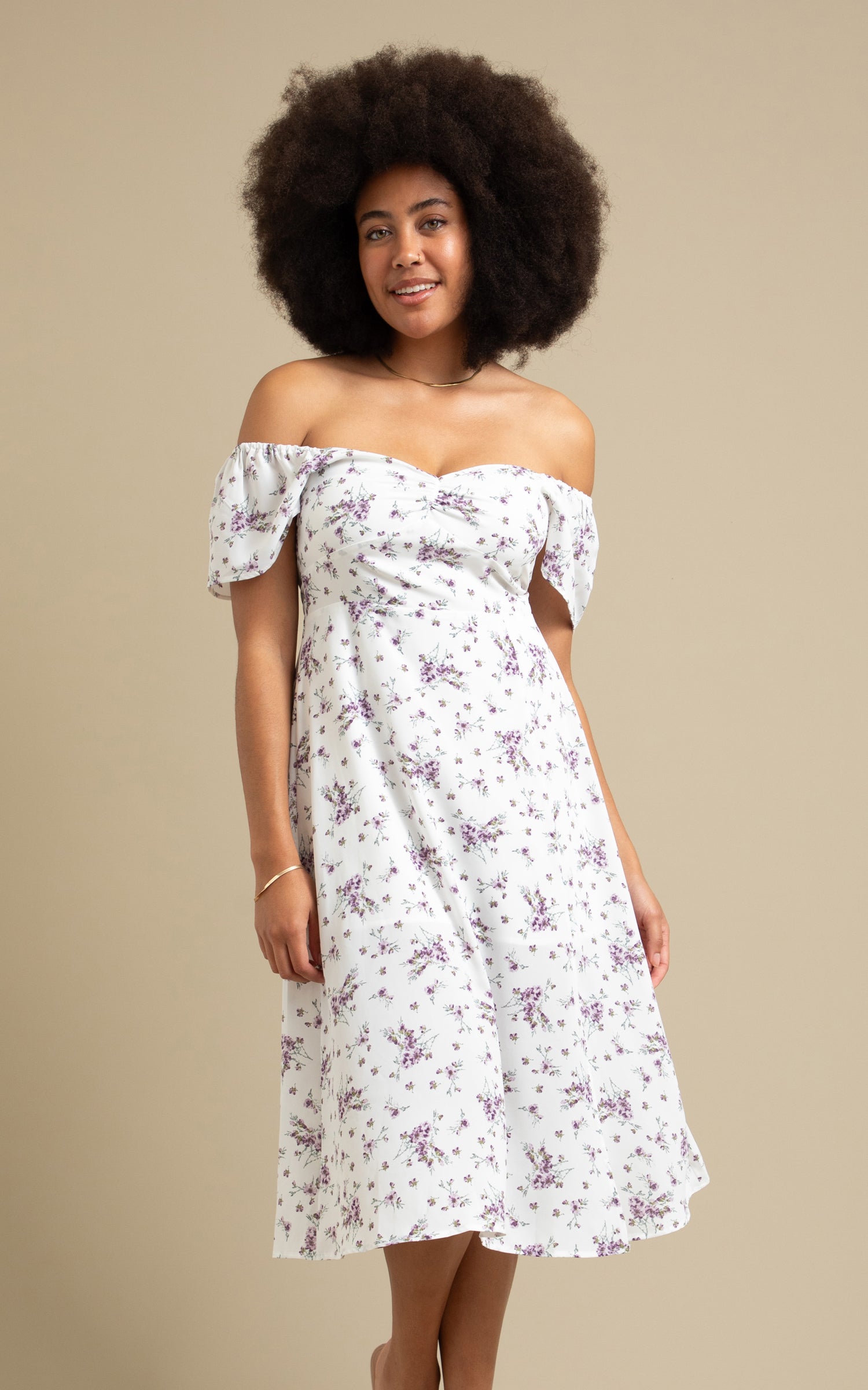 cream and purple dress Purple And Cream Animal Print Puff Sleeve Smock Midi Dress AX Paris