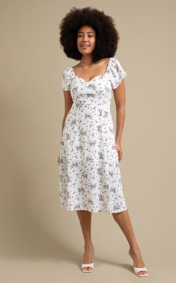 Shop our CDC Sweetheart Midi Dress in Cream/purple