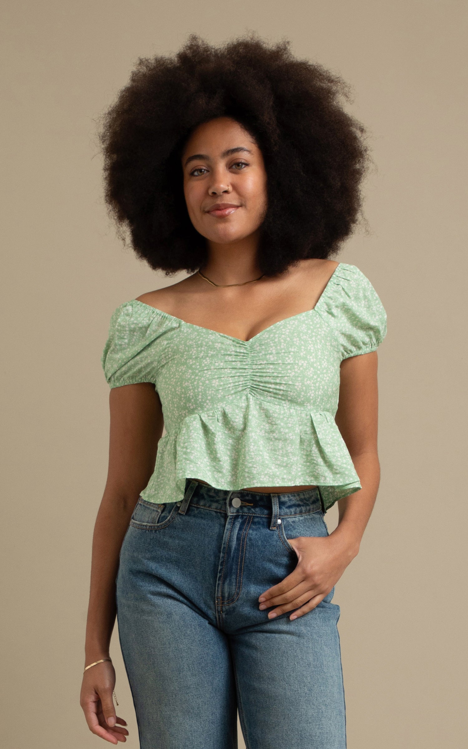 Shop our CDC Sweetheart Peplum Top in Apple green print | Pagani