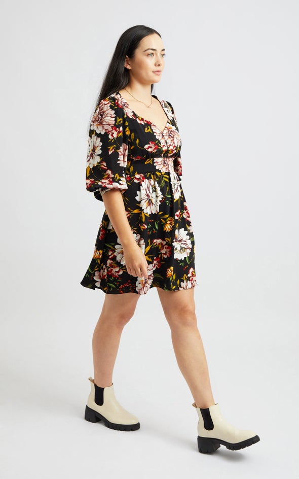 CDC Sweetheart Puff Sleeve Dress Black/floral