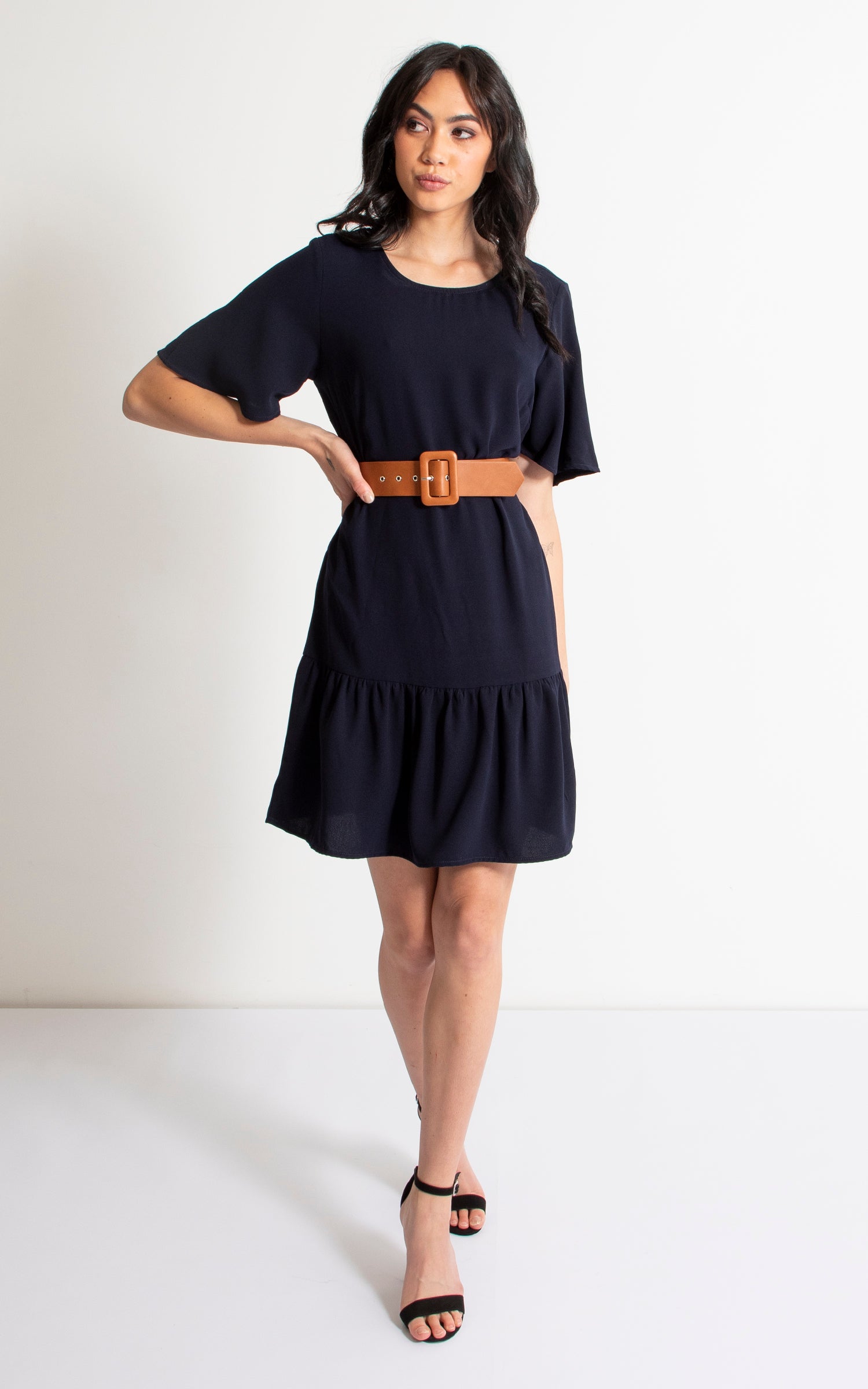 tan ruffle dress