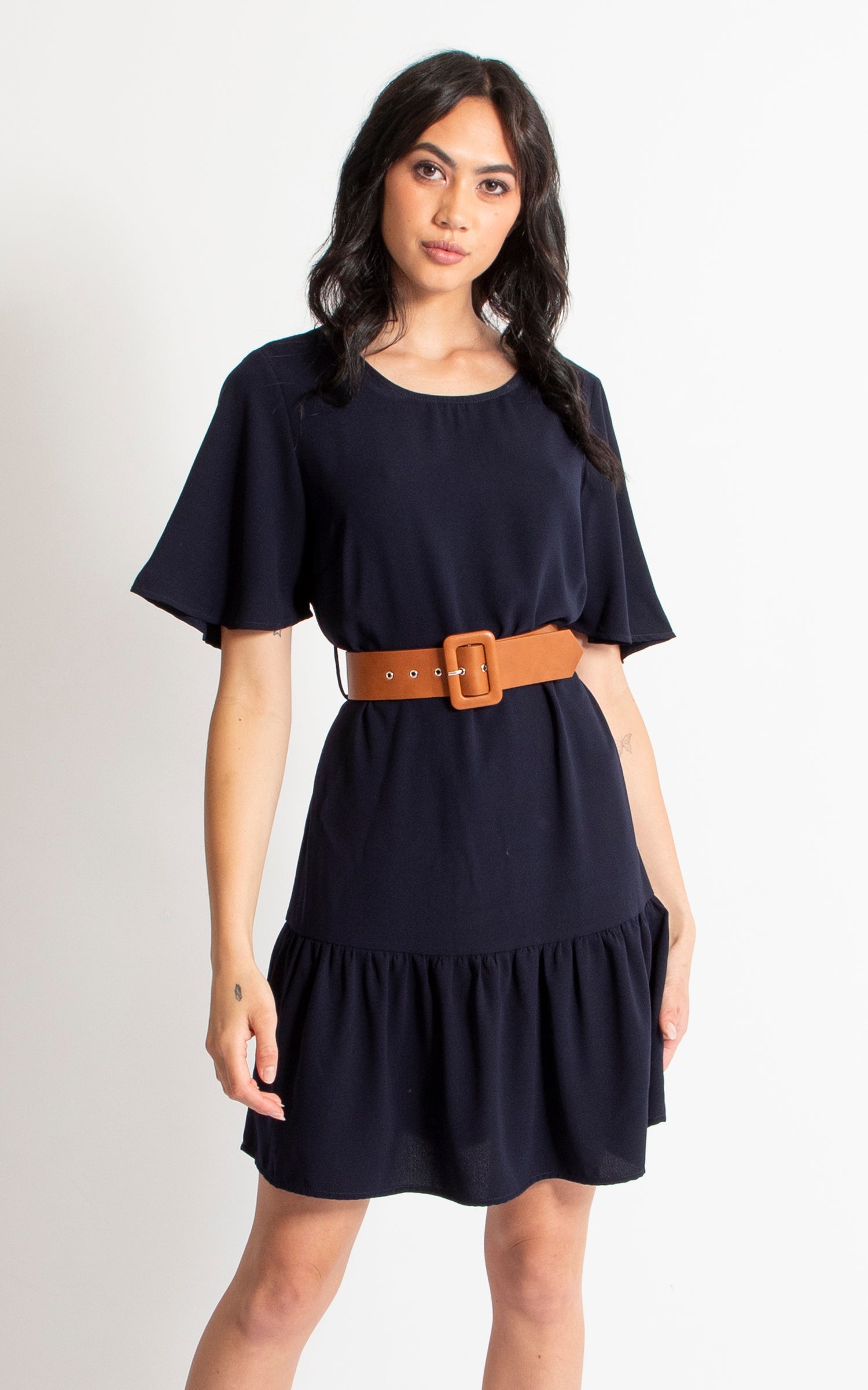 tan ruffle dress