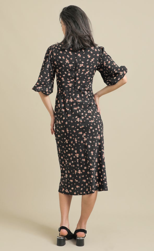CDC Tie Front 3/4 SI Midi Dress Black/rose
