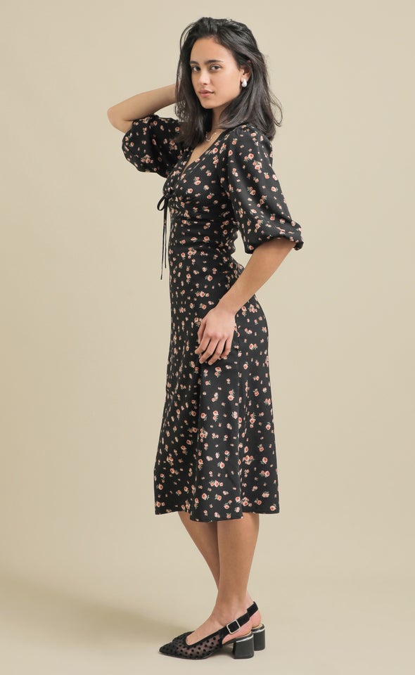 CDC Tie Front 3/4 SI Midi Dress Black/rose