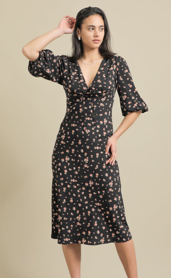 CDC Tie Front 3/4 SI Midi Dress Black/rose