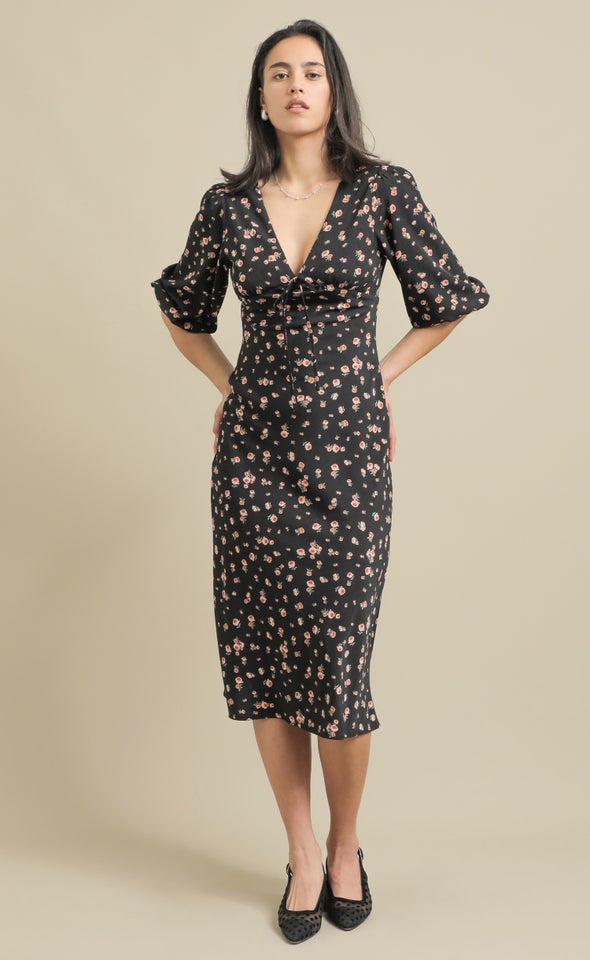 CDC Tie Front 3/4 SI Midi Dress Black/rose