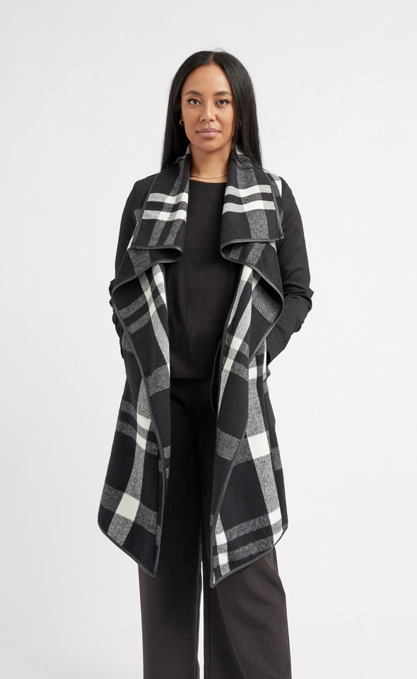Checked Drape Front Coat Blk/white