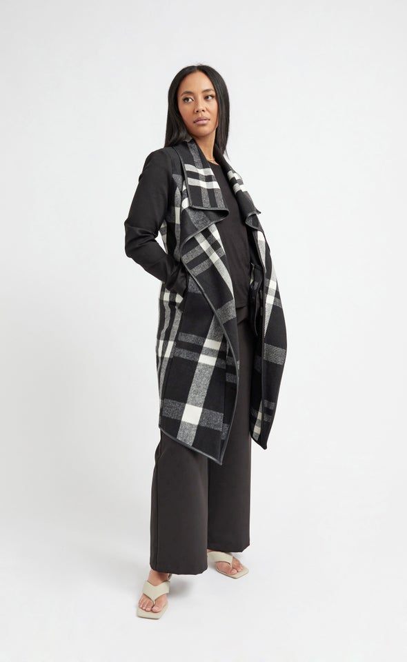 Checked Drape Front Coat Blk/white