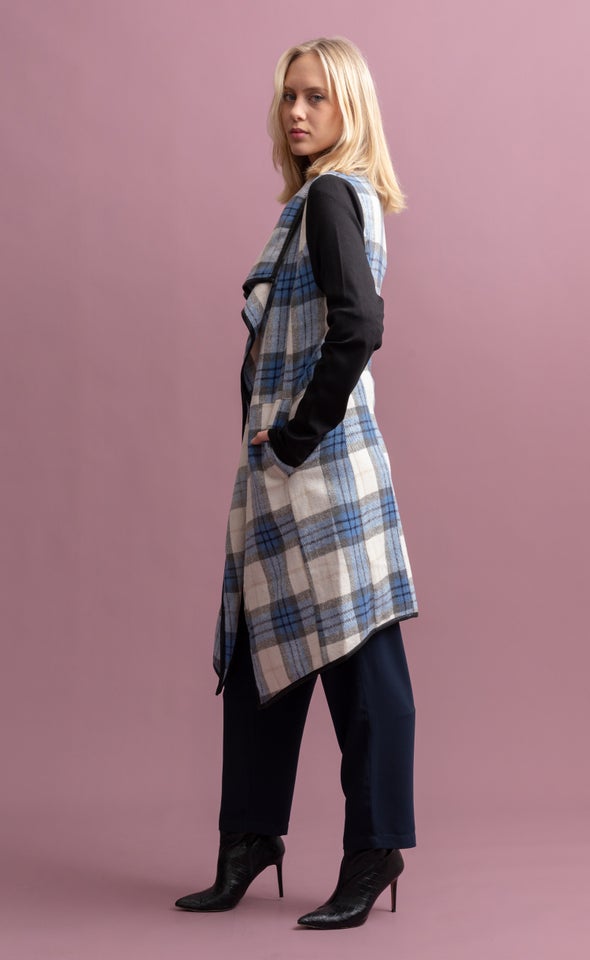 Checked Draped Front Coat Blue/grey Check