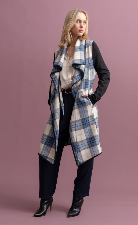 Checked Draped Front Coat Blue/grey Check