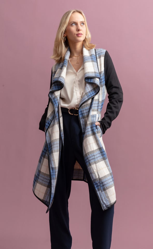 Checked Draped Front Coat Blue/grey Check