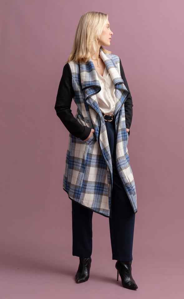 Checked Draped Front Coat Blue/grey Check