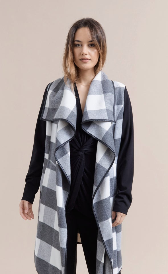 Checked Draped Front Coat Charcoal Check