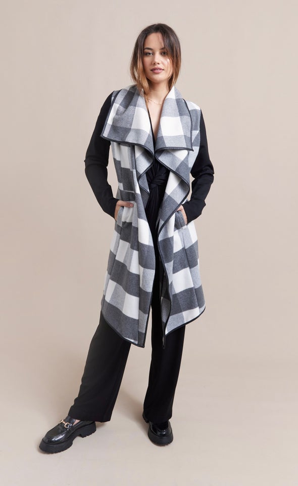 Checked Draped Front Coat Charcoal Check