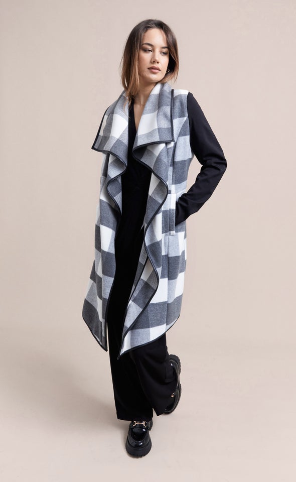 Checked Draped Front Coat Charcoal Check
