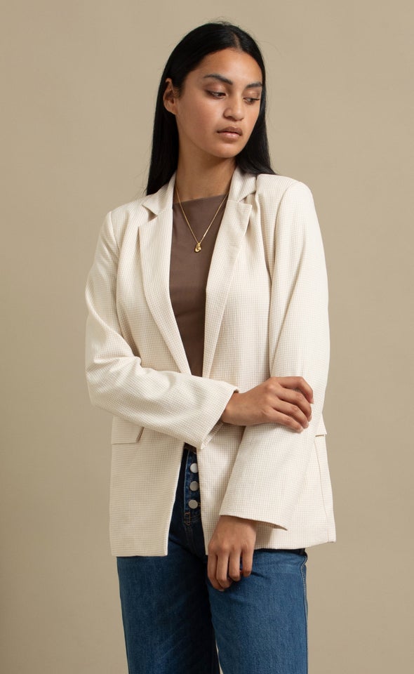 Checked Roll Sleeve Blazer Natural/white