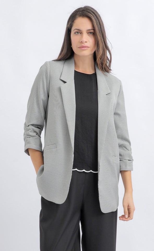 Checked Ruched Sleeve Blazer Black/cream