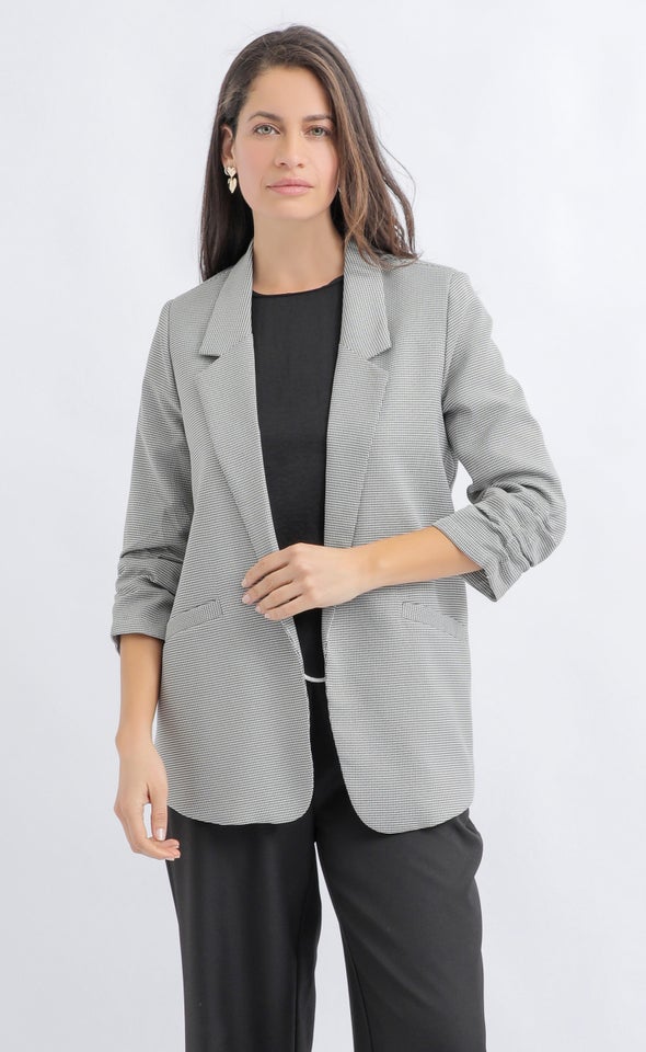 Checked Ruched Sleeve Blazer Black/cream