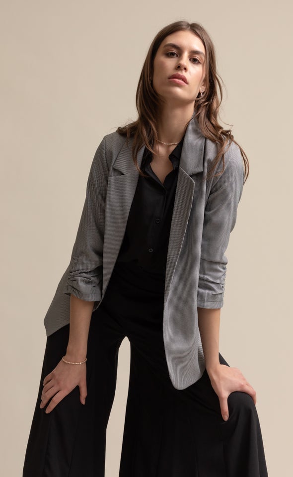 Checked Ruched Sleeve Blazer
