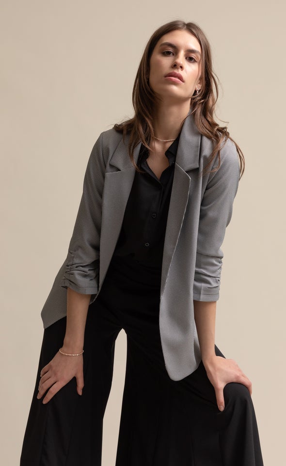 Checked Ruched Sleeve Blazer