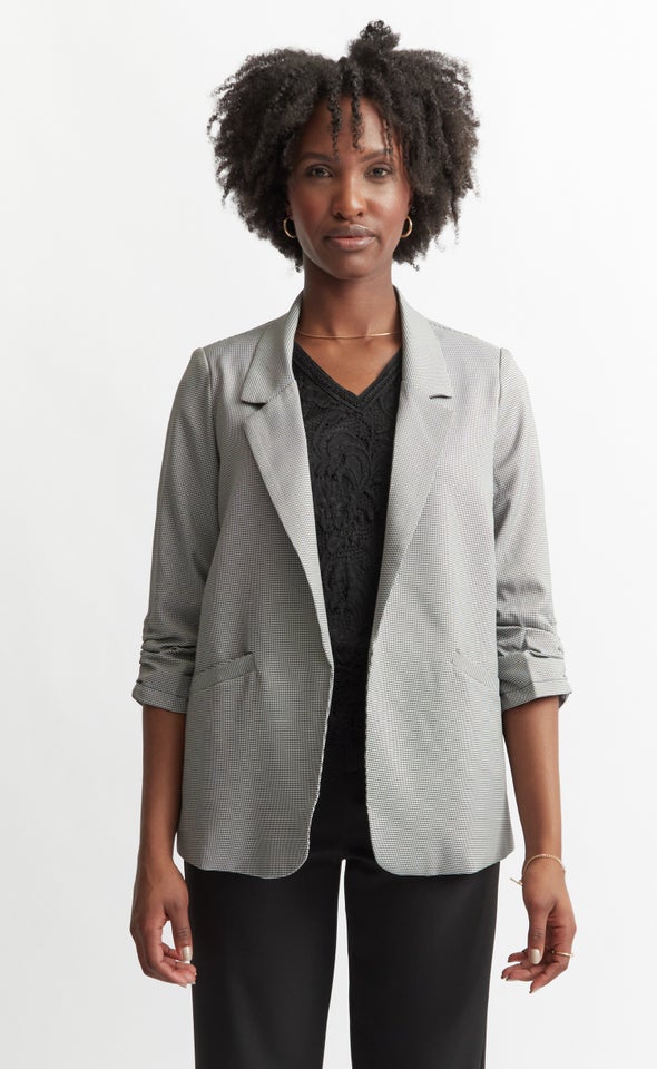 Checked Ruched Sleeve Blazer Blk/white