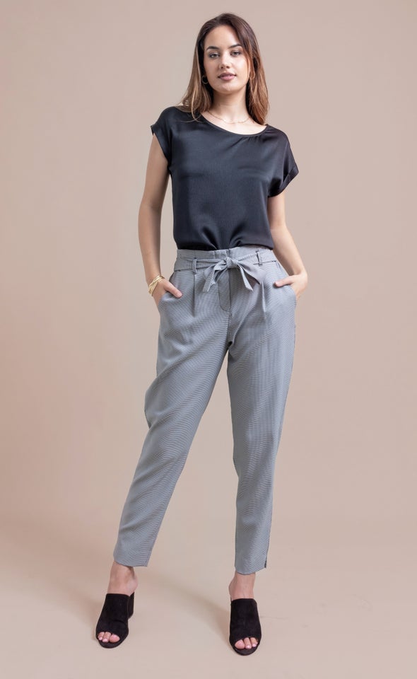 Checked Tie Waist Tapered Pant Blk/white