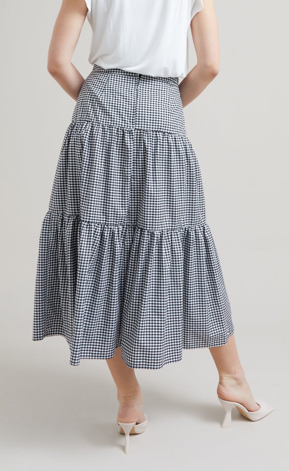 Checked Tiered Midi Skirt Blk/white