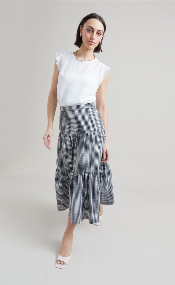 Checked Tiered Midi Skirt Blk/white