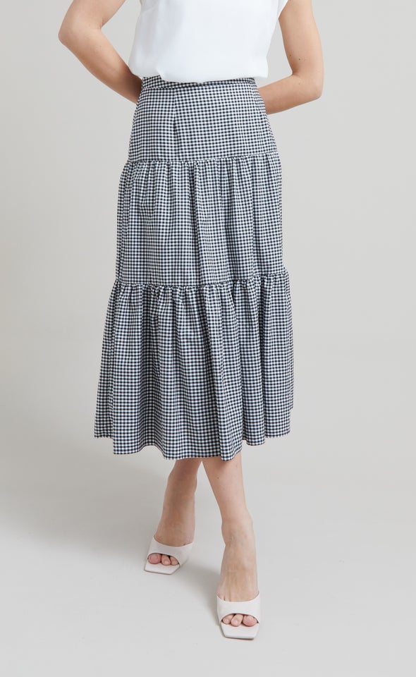 Checked Tiered Midi Skirt Blk/white