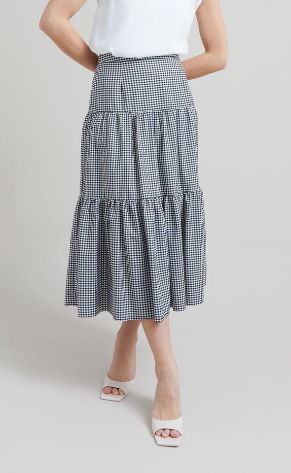 Checked Tiered Midi Skirt
