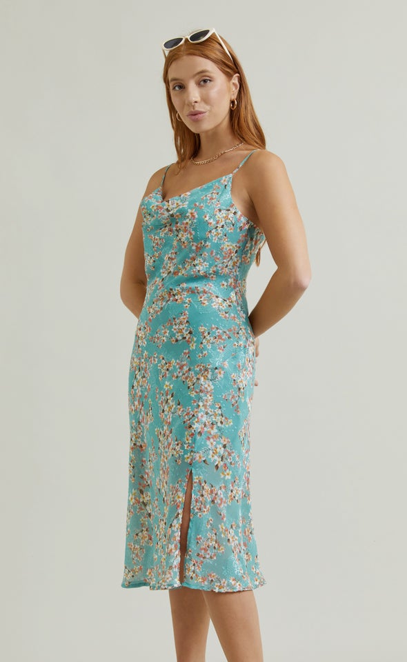 Chiffon Bias Cowl Slip Dress Mint/floral
