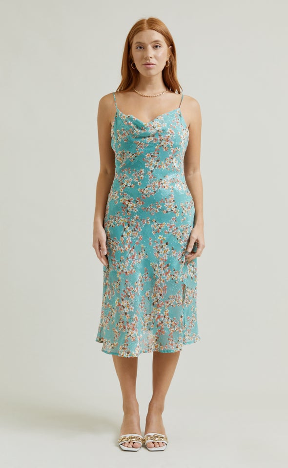 Chiffon Bias Cowl Slip Dress Mint/floral