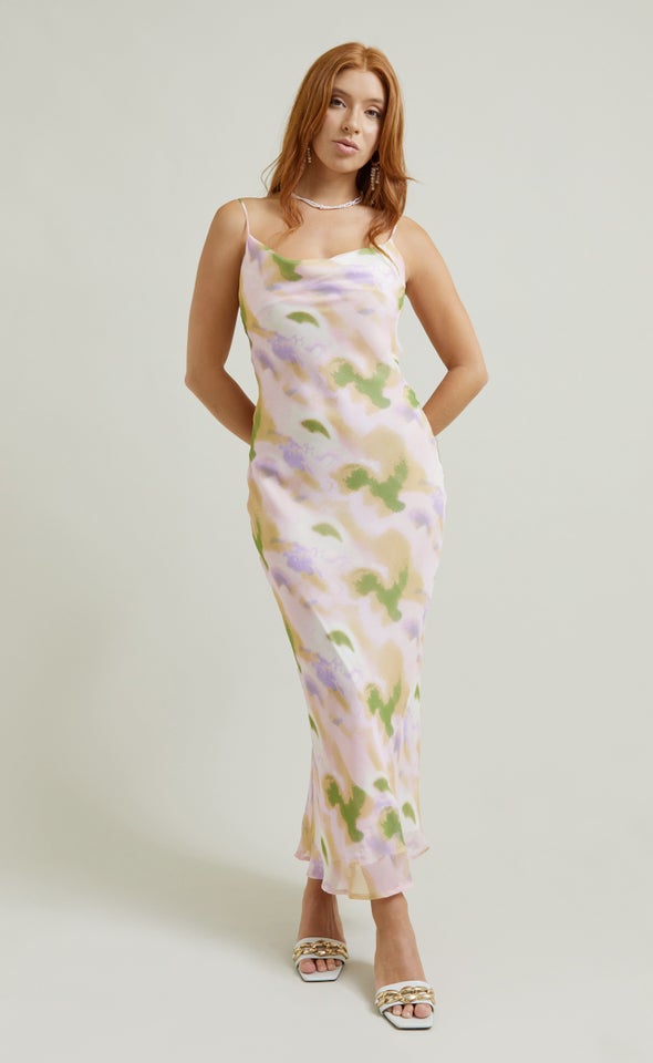 Chiffon Bias Cowl Slip Maxi Pink/green