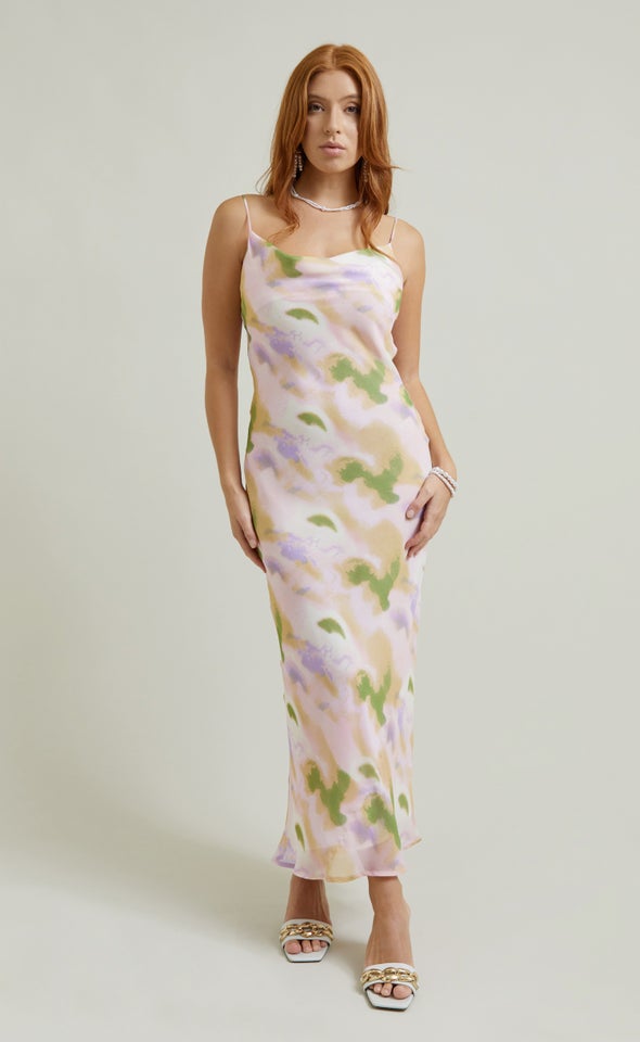 Chiffon Bias Cowl Slip Maxi Pink/green